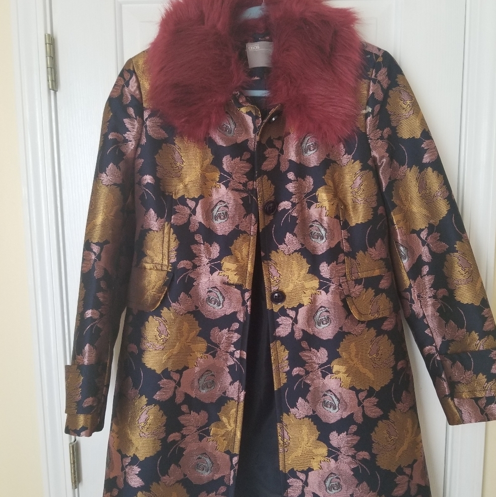 Asos jacquard coat with faux fur collar